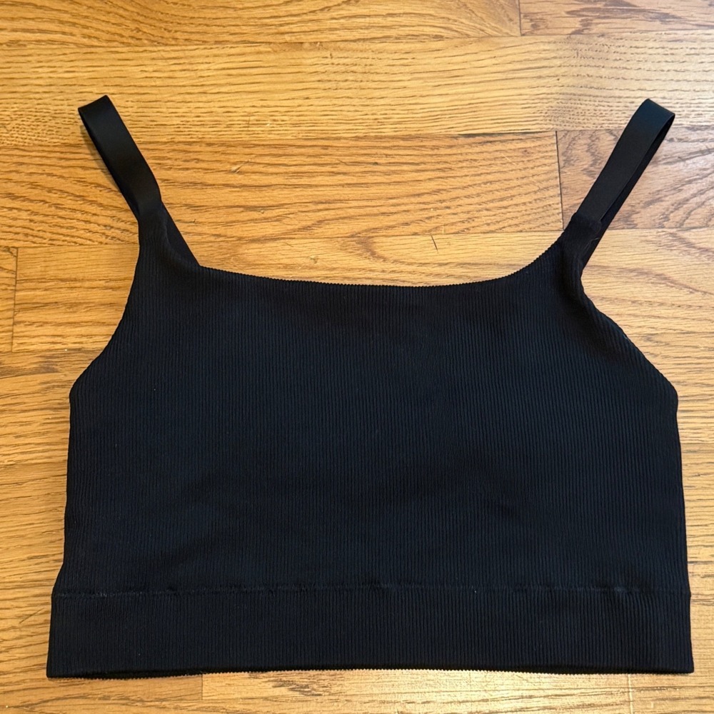 Aerie Real Good Ribbed Seamless Sports Bra Black XL Square Neck Adjustable Strap